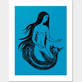Woodcut Mermaid Posters and Art